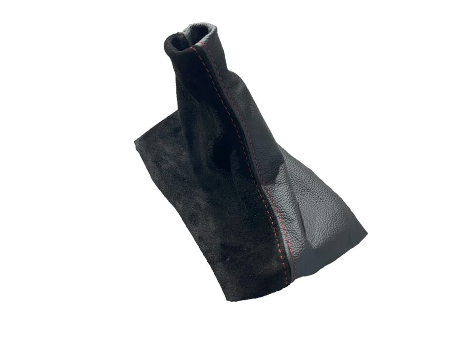 Black Leather & Suede Shift Boot Cover In Red Stitch For Ford Mustang GT 2005 2006 2007 2008 2009-4