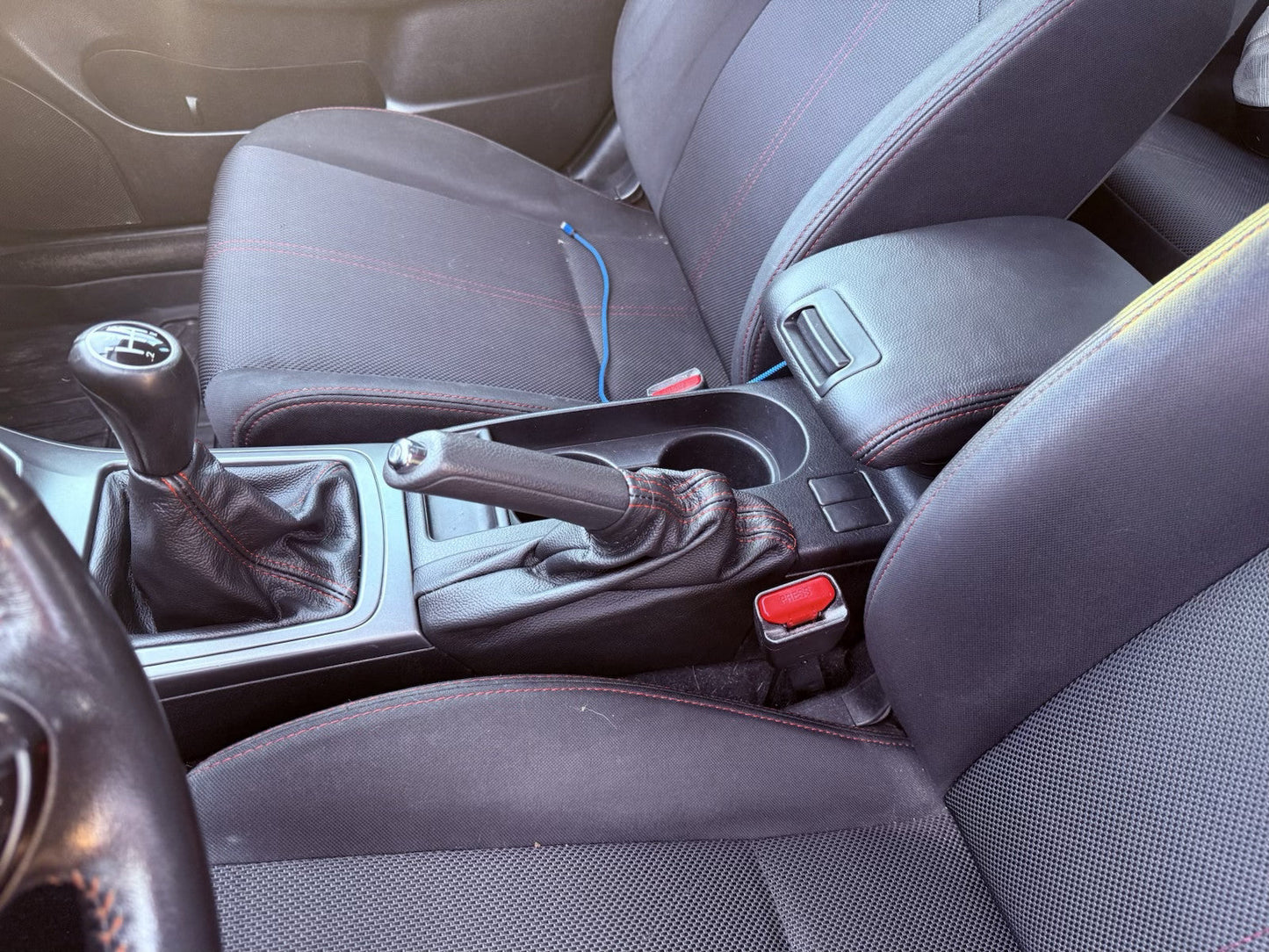 2008 - 2016 Subaru Impreza WRX STI Shift E-Brake Boot & Console Lid Cover Set In Black With Red Stitching-2