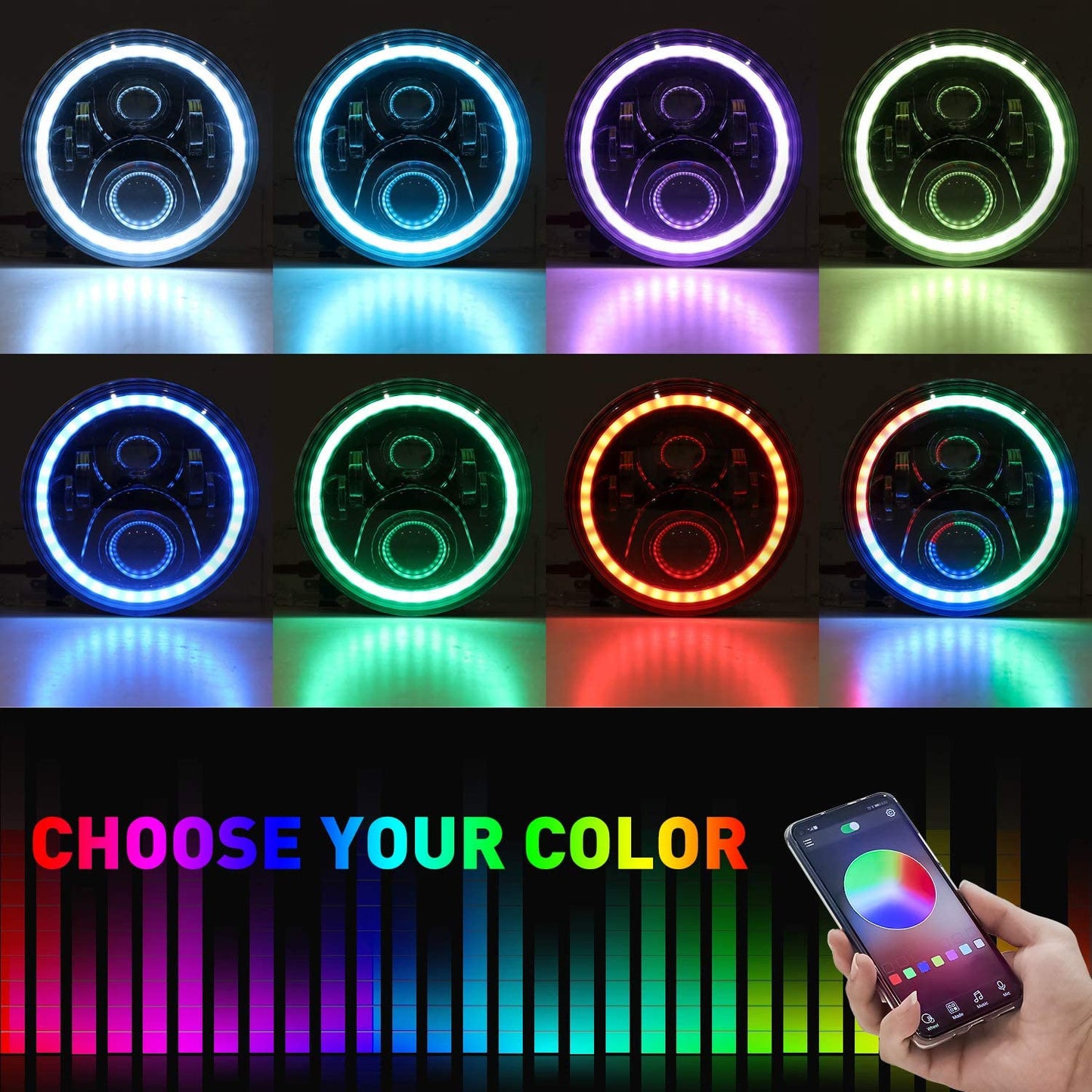 1997-2018 Jeep Wrangler 7 Inch RGB Halo Headlights And Fog Lights Bluetooth Color Control Dot Kits For 19972018 Jk Jku Tj Ljw Ring Drl Amber Turn Signalhilo Beam Multicolor