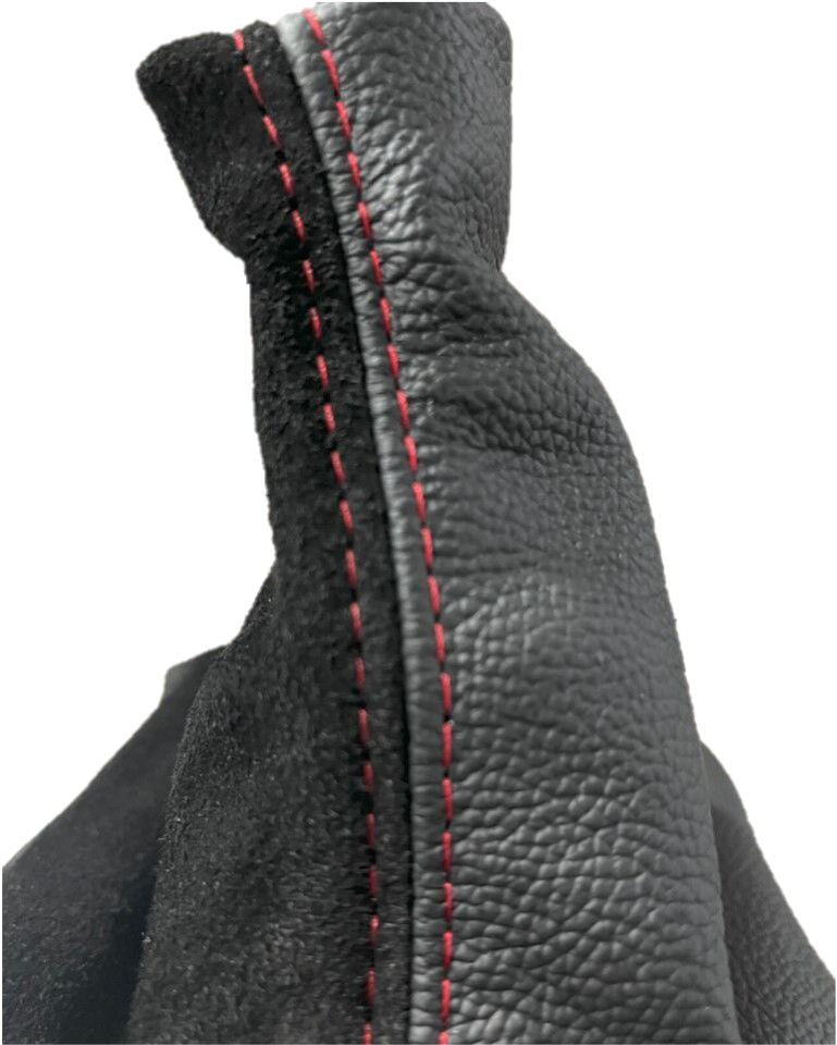 Black Leather & Suede Shift Boot Cover In Red Stitch For Ford Mustang GT 2005 2006 2007 2008 2009-2