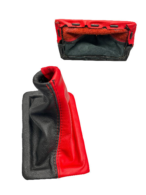 For 2005-2009 Ford Mustang GT Torch Red & Black Leather Manual Shift Boot Cover + Frame-0