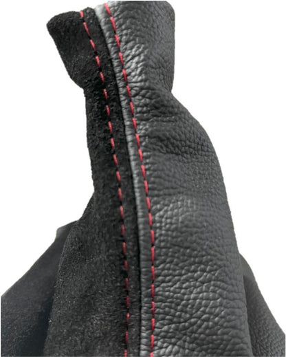 Black Leather & Suede Shift Boot Cover In Red Stitch For Ford Mustang GT 2005 2006 2007 2008 2009-2