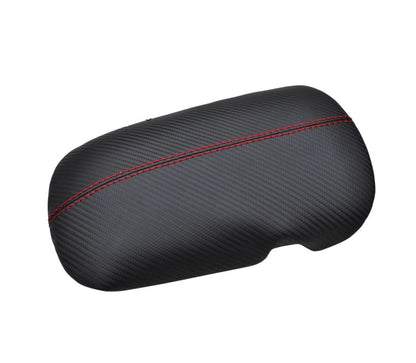 For 2015-2019 Ford Mustang GT Black Carbon Fiber Ultra Leather Console Armrest Cover In Red Stitch-0